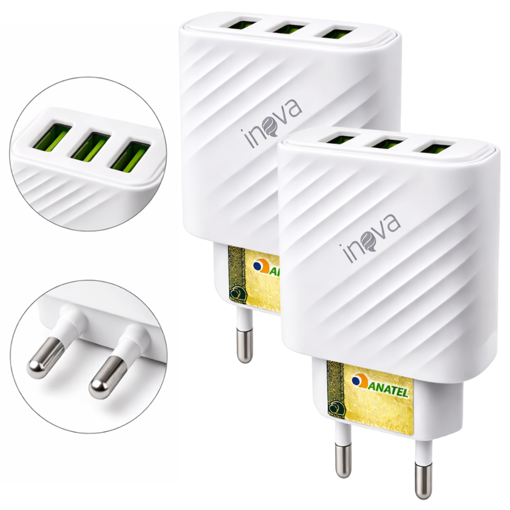 2 Carregadores Celular 3 Entradas Fonte USB Rápido 5.1A Original Inova