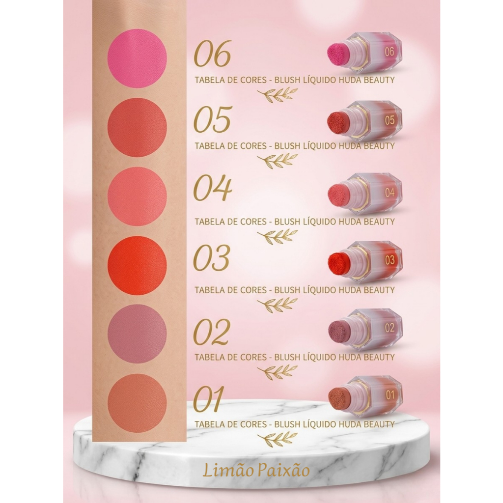 Detalhes do Blush Líquido Huda Beauty Alta Pigmentação Efeito Natural Glow Longa Duração - Limão Paixão