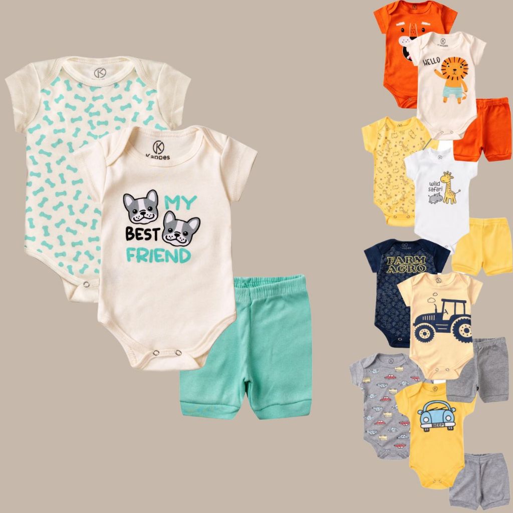 Kit Body Bebê 15 Peças Masculino ou Feminino Roupa de Bebê Conjunto Manga Curta + Shorts Algodão Estampado Confortável