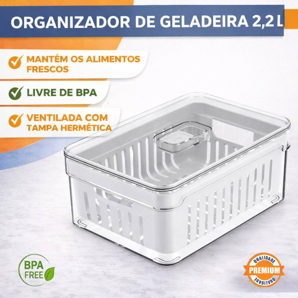 Organizadores De Geladeira 2,2 L Acrílico Com Tampa Drenagem Escorredor Alimentos Vegetais OU