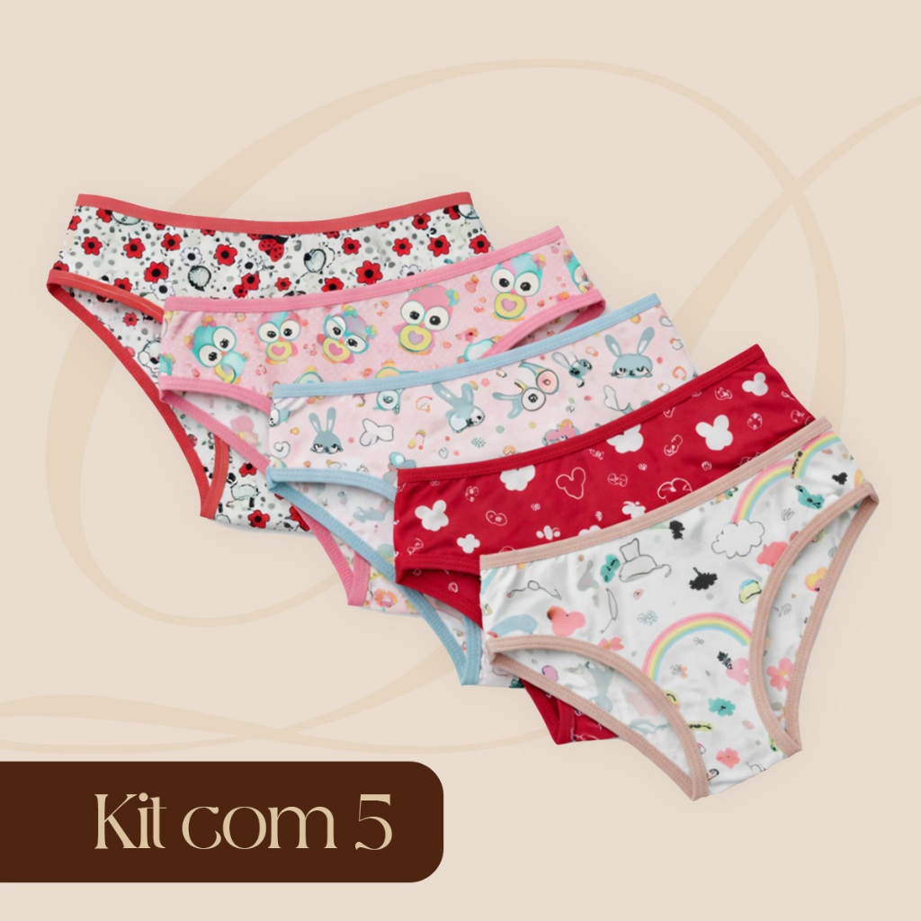 Kit 5 Calcinhas Infantil Feminina Tecido Premium Microfibra Forro de Algodão Estampada Confortável