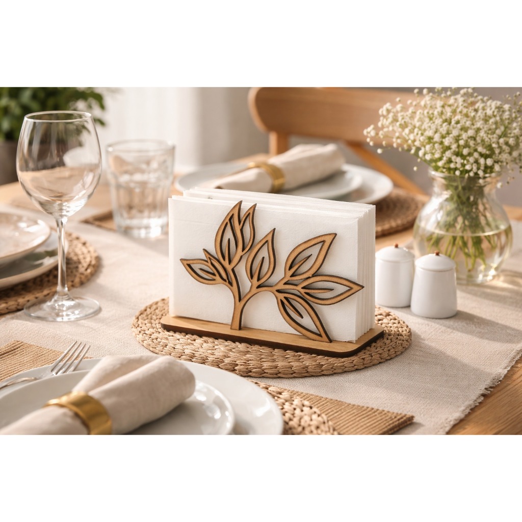 Kit Porta Guardanapo MDF Decorativo Folhas 17cm | Suporte Guardanapo Mesa Posta Elegante Cozinha