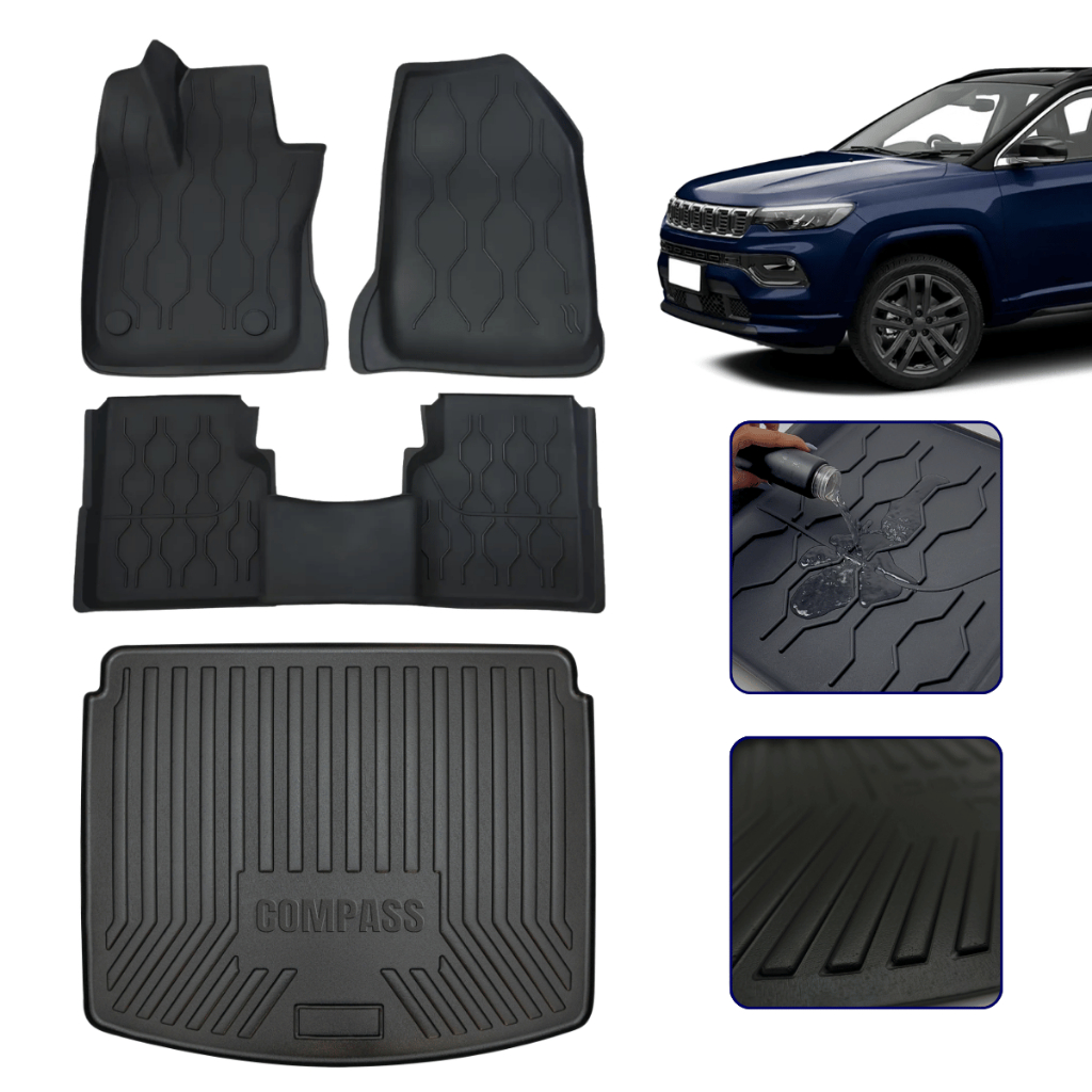 Kit Tapete Bandeja com Borda Elevada + Protetor de Porta Malas para Compass 2018 a 2026 Premium