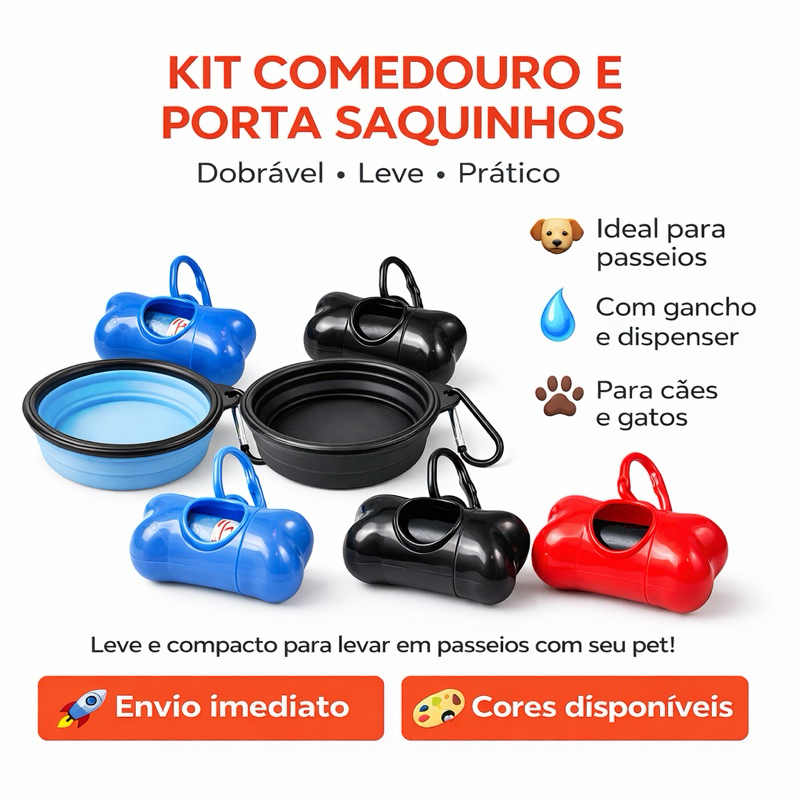 Kit Comedouro ou  Bebedouro Portátil Pet Dobrável + Porta Saquinhos Dispenser Cães Gatos Passeio Viagem