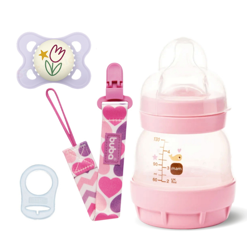 Kit Mamadeira MAM Chupeta Prendedor MAM 130ml Anticólica Chupeta MAM 0-6 meses + Prendedor Buba