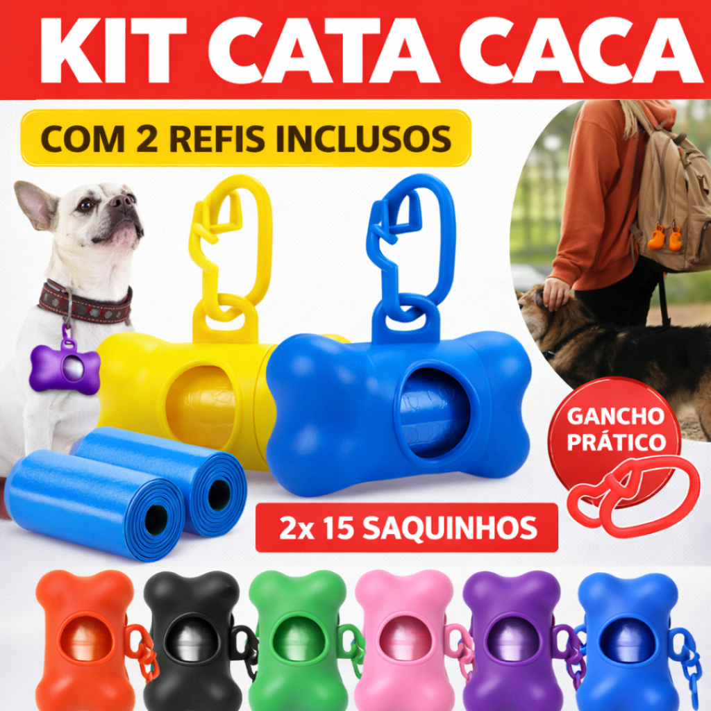 Kit Cata Caca para Cachorro Pet com 2 Refis Porta Saquinhos Higiênico em Formato Ossinho com Gancho