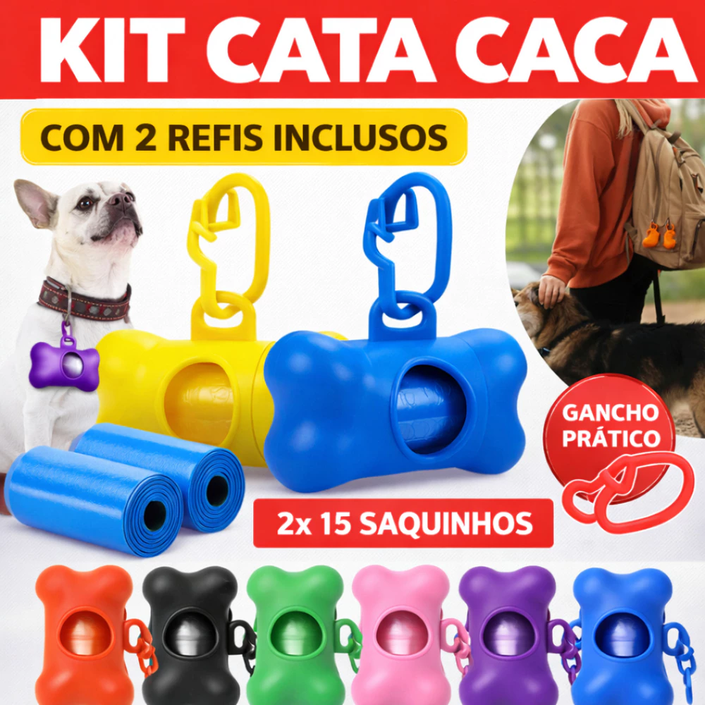 Kit Suporte + 2 Refis Cata Caca p/ Cachorro Pet Porta Saquinhos Higiênico Formato Ossinho com Gancho