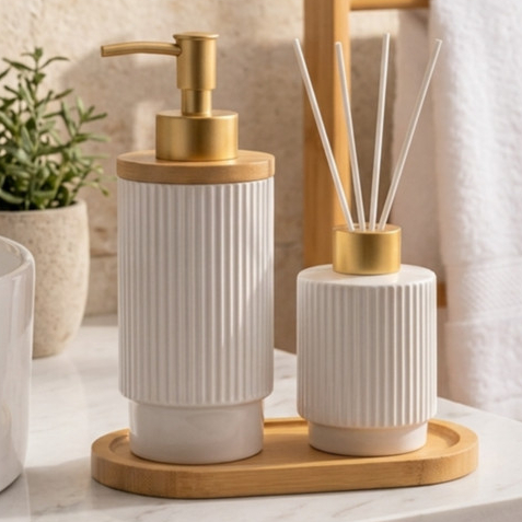 Kit Dispenser e Difusor Aromatizador de Ambiente Porta Sabonete Liquido Elegante Porcelana