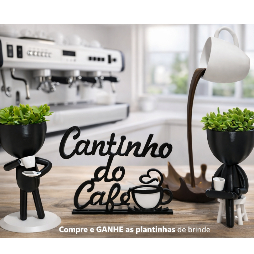Cantinho do Café Decorativo 3D + Vasos 14cm + Xícara | Decoração Cozinha Moderna Área Gourmet com Plantinha Brinde