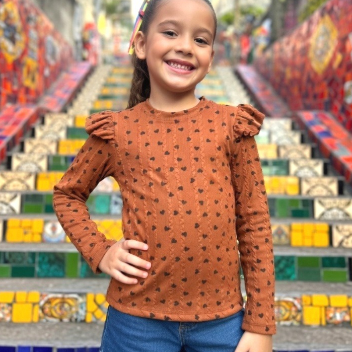 Blusinha Menina Coração + Manga Longa |Com Franzido no Ombro Ribana | Macia e Confortável