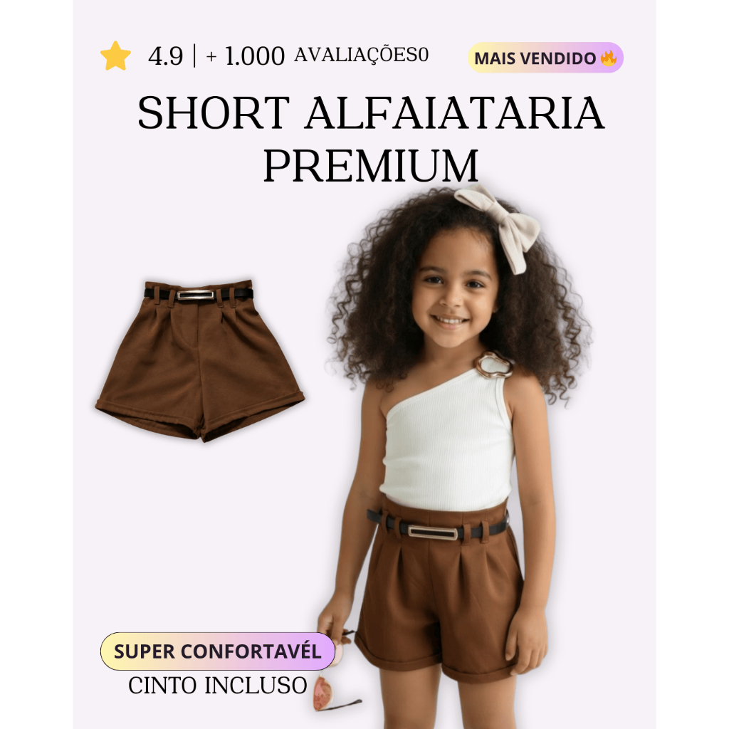 Short Infantil Alfaiataria Menina | Look Elegante Festa Verão com Cinto Tamanho 4 ao 16