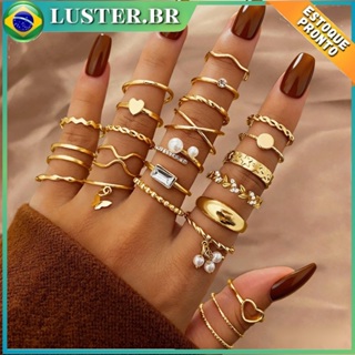 Conjunto de 24 Anéis Dourados Moda Boho Vintage - Conjunto de Anéis Empilháveis com Pérolas e Coração para Mulheres em Oferta na Shopee
