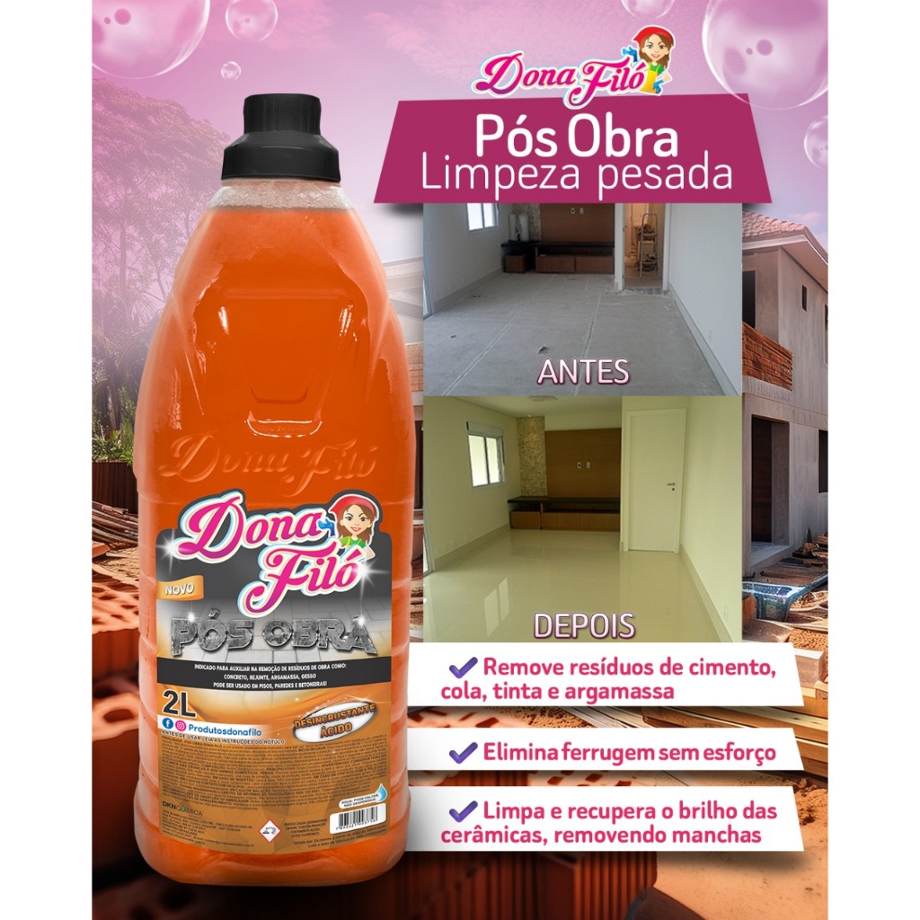 Limpa Obra 1 Litro Dona Filó – Remove Cimento, Rejunte, Gesso e Sujeiras Pós-Obra