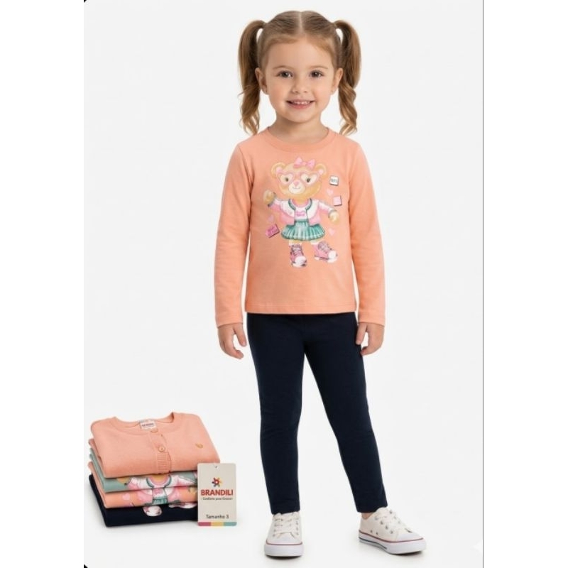 BL KIDS Conjunto Infantil Brandili Blusa Moleton Estampa Ursa E Calça Legging Lisa Em Molecotton Menina Inverno