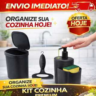 Kit cozinha lixeira dispenser detergente rodinho de pia preto resistente original