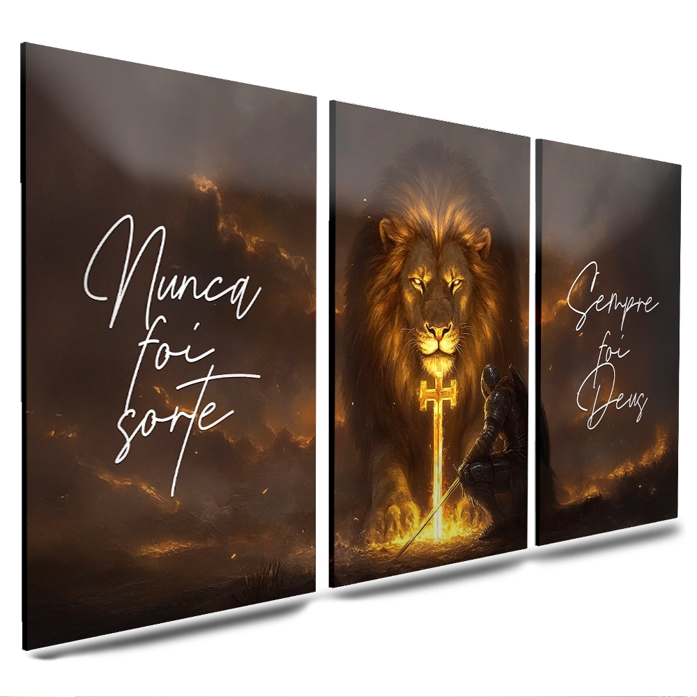 Quadro Decorativo Tríptico Leão de Judá com Espada – Nunca Foi Sorte Sempre Foi Deus Arte Religiosa MDF