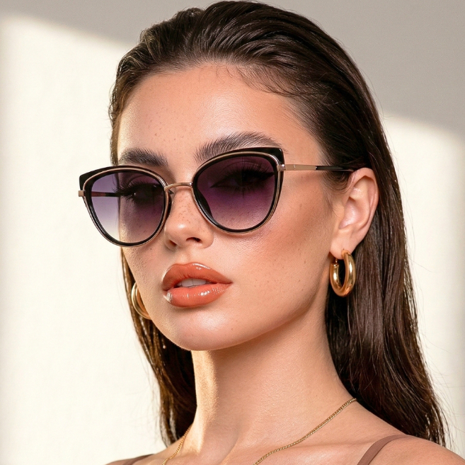 Óculos de Sol Jade Gatinho Preto e Dourado Vintage Retrô Clássico Blogueira uv400