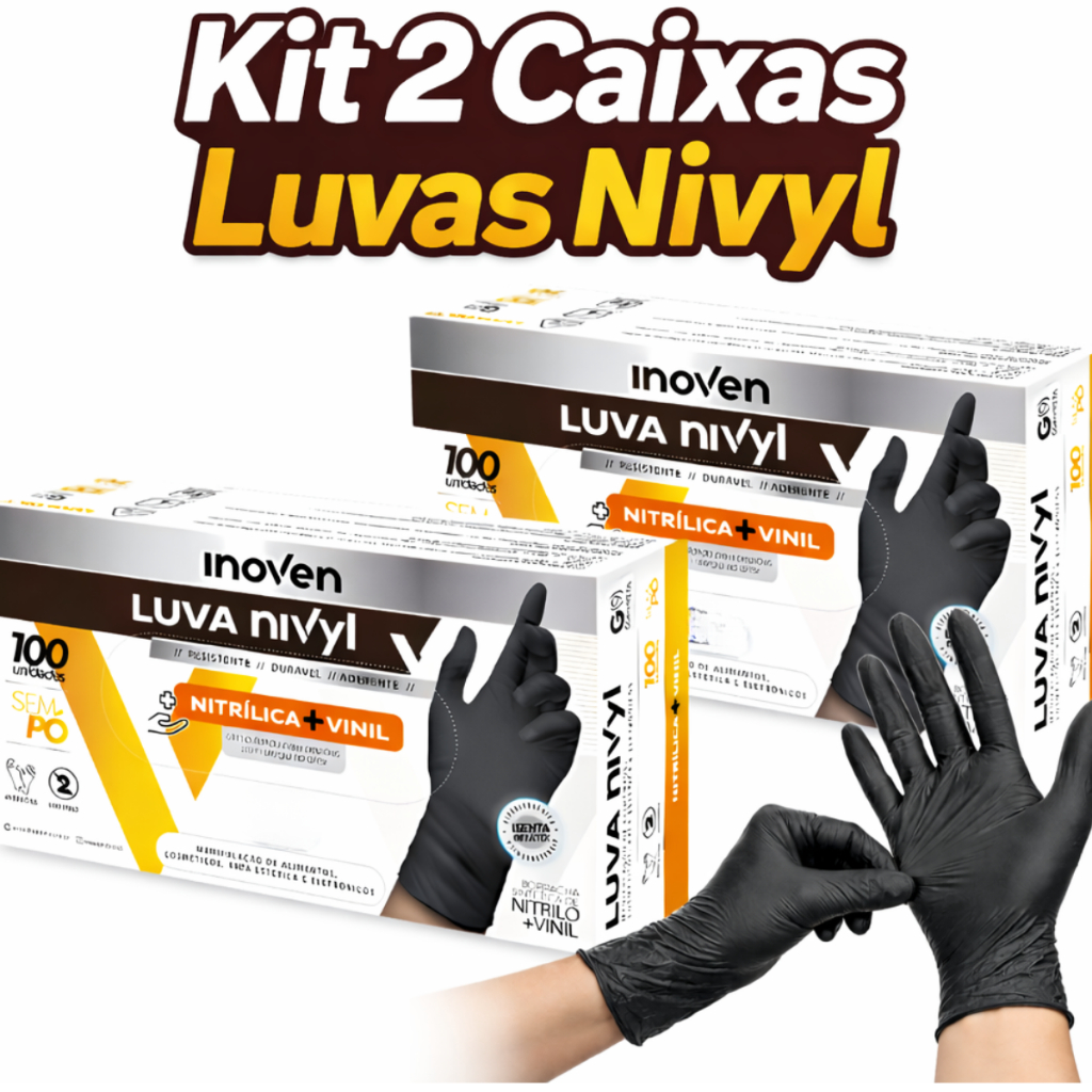 Kit 2 Luva Nitrilica Vinil Preta Descartável Sem Pó 200 Unidades Resistente Profissional