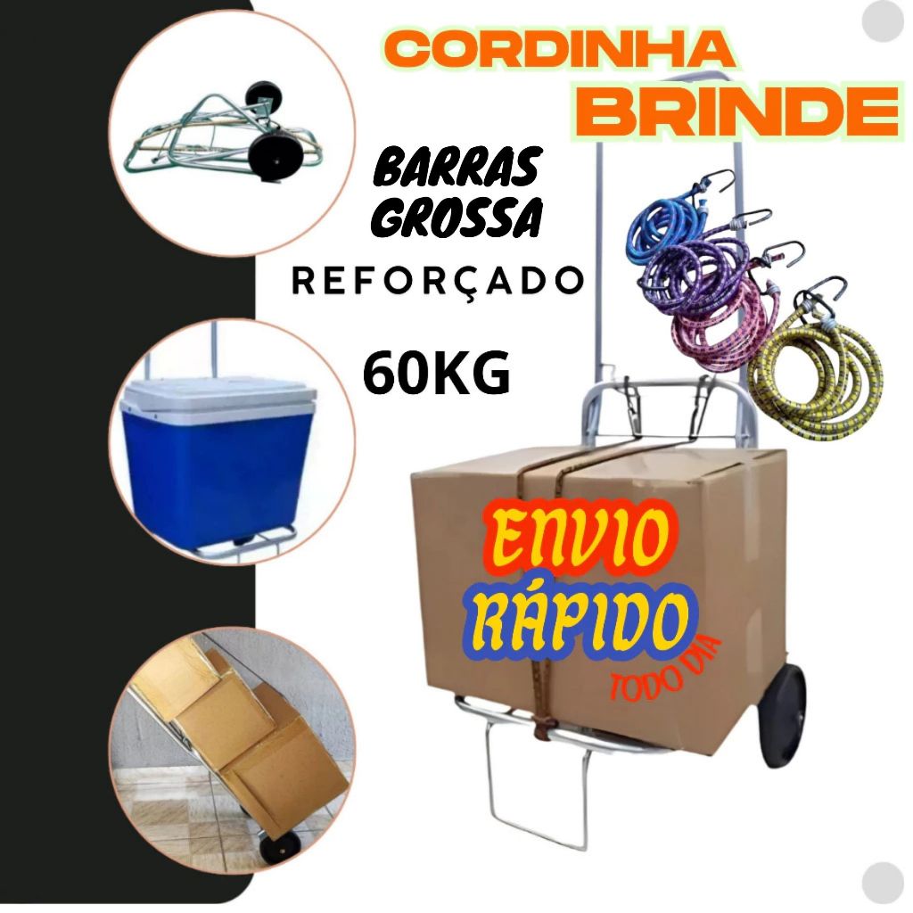 Carrinho de Carga Cooler Caixa Dobrável Plataforma Até 60kg Cromado Carrinho Maleiro Praia Cooler