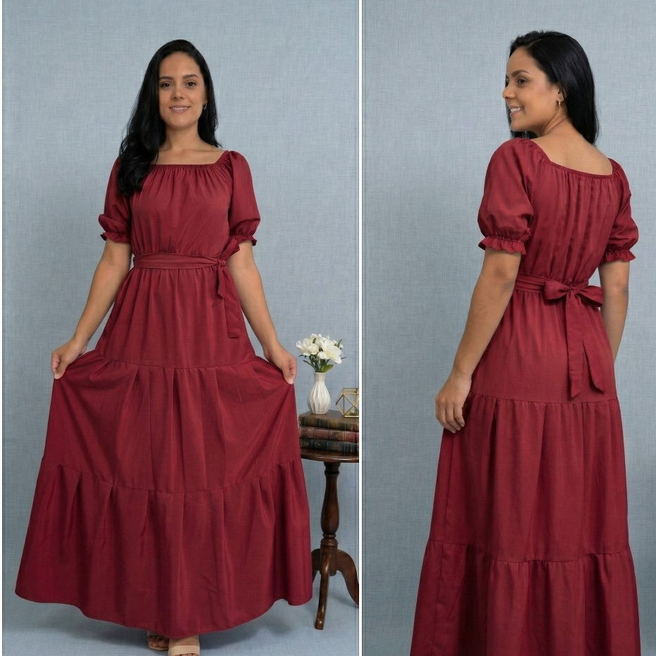 Vestido Feminino Longo Princesinha Com ELatisco Na Manga e Saia Tres Marias