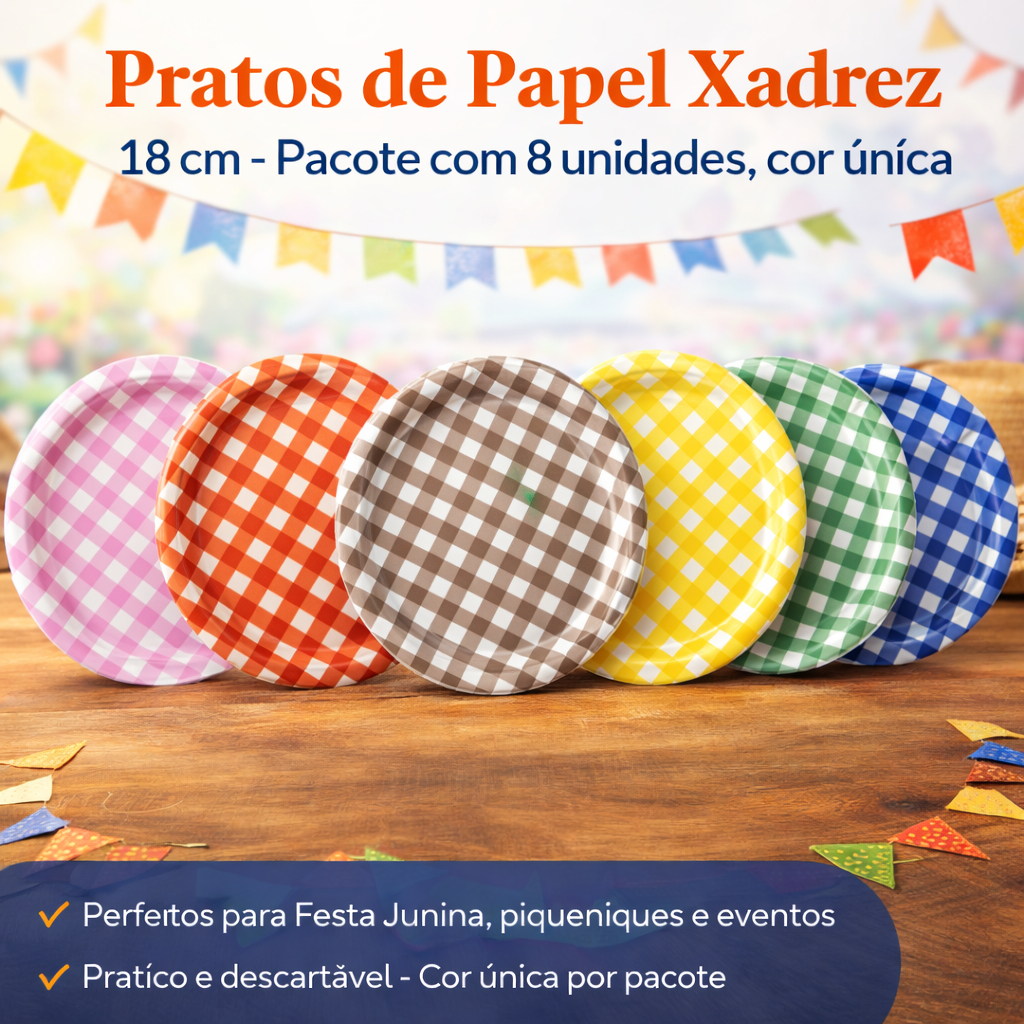8 Pratos de Papel Xadrez Festa Junina Piquenique 18 cm Ponto das Festas – Inspire Sua Festa Loja