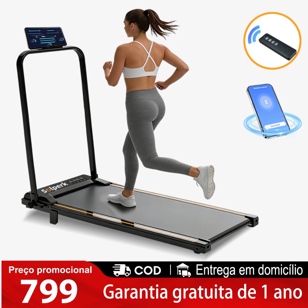 Esteira Elétrica Doméstica 2.0HP Dobrável Silenciosa Bluetooth 12km/h Suporta 120kg, Ergométrica para Casa