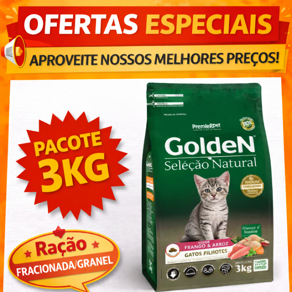 Imperdível Seu Gatinho! Ração Golden Seleção Natural 3kg 1kg — R$ 19,99 em Shopee