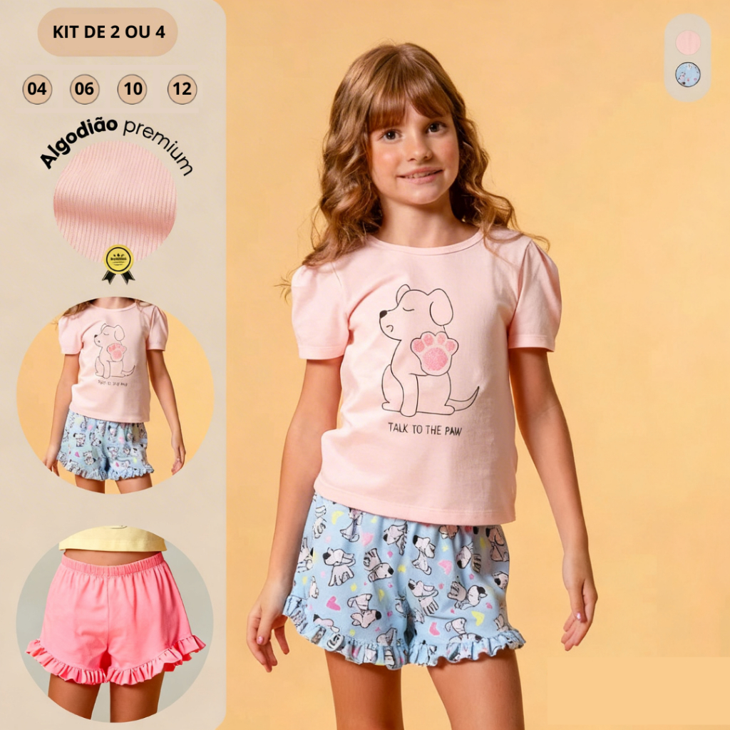 Kit Pijama Infantil Criança Menina Verão Malha 100% Algodão Estampado