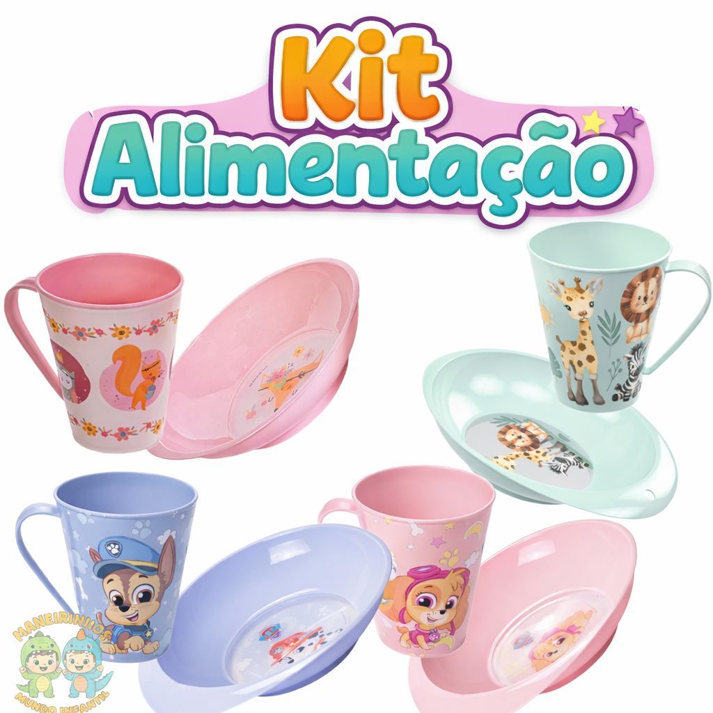 Kit Alimentação Prato + Caneca- Personagens infantil - Patrulha canina-Safari- Menino Menina bebÊ  Pratinho - Plásutil