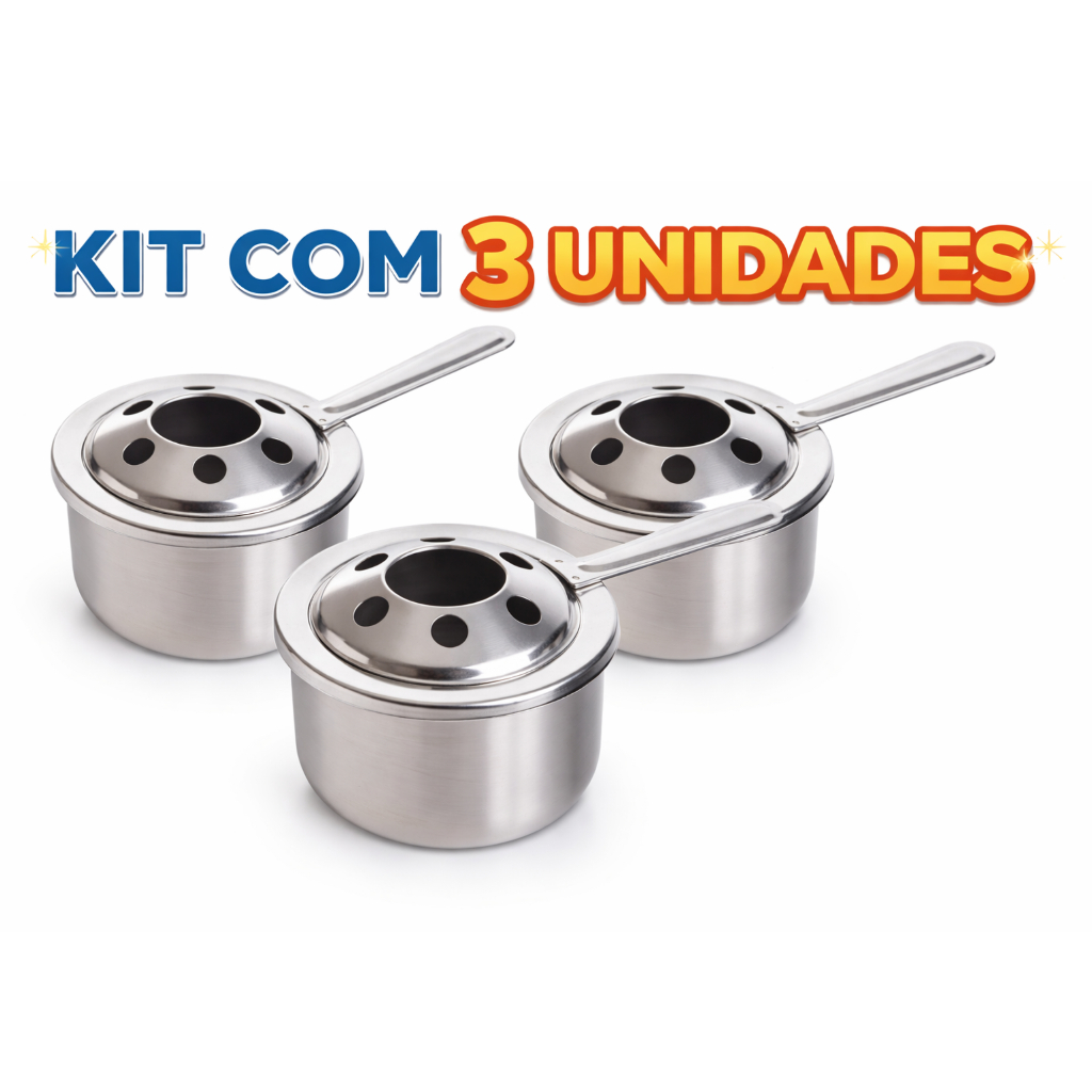 Kit 3 Queimadores Fogareiro com Abafador Inox Grande para Rechaud Fondue Prime