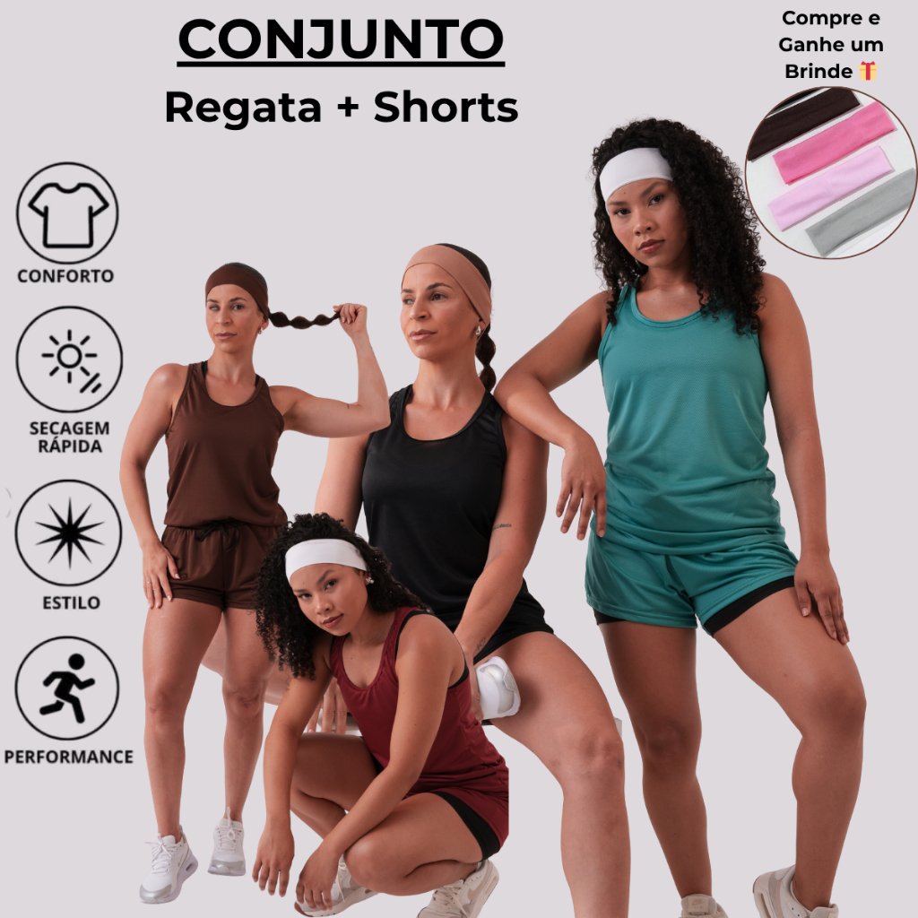 Conjunto Fitness Esportivo Feminino Academia Treino Ioga Short Duplo Dryfit Blusa Top Regata Nadador