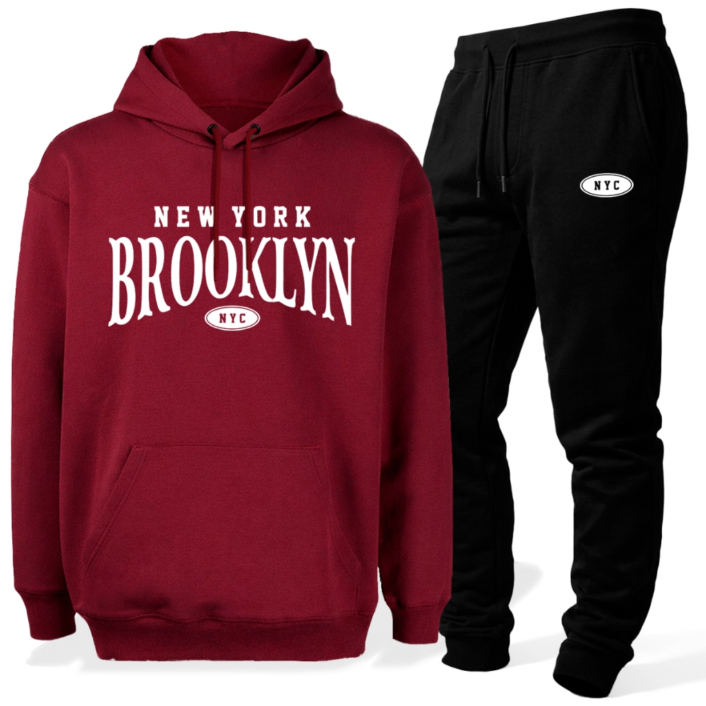 Conjunto Moletom Com Calça Estampa Brooklyn Blusa Canguru Capuz Bolso Flanelado Quentinho Urbano Kit