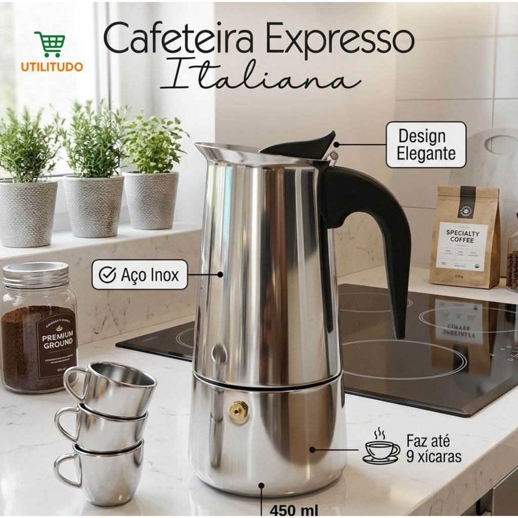 Imagem Cafeteira Italiana 450ml Inox Faz 9 Xícaras Café Expresso Premium