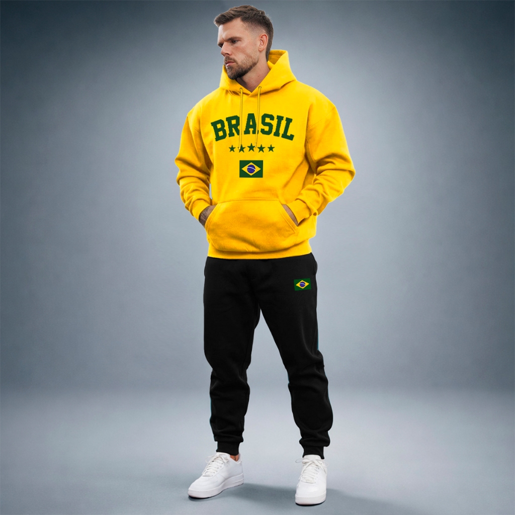 Conjunto Blusa De Frio Moletom Brasil Seleção Blusa Capuz Bolso Flanelado Quentinho Copa Do Mundo