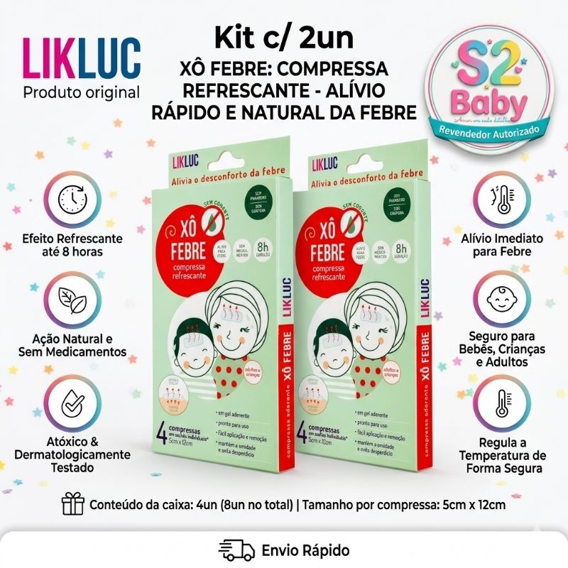 Kit 2 Compressa Refrescante Infantil Xô Febre Likluc Gel Alívio Febre Temperatura Natural e Seguro 8un