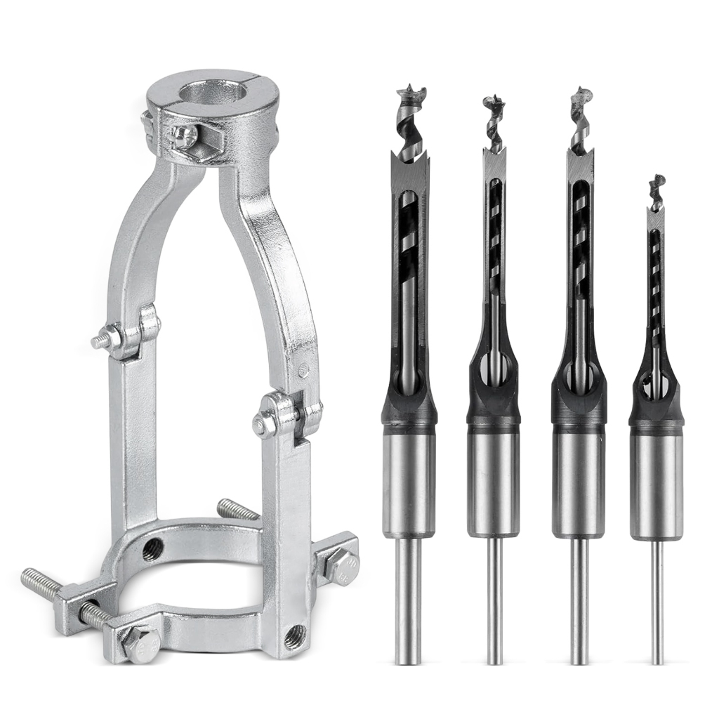 Kit 5 Brocas Furo Quadrado + Suporte Fixo Adaptador Furadeira de Bancada