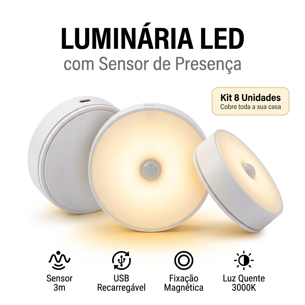 Kit 2-8 Luminárias LED Sensor de Presença Automática USB – Luz Noturna p/ Quarto, Corredor, Armário e Escada Sem Fio