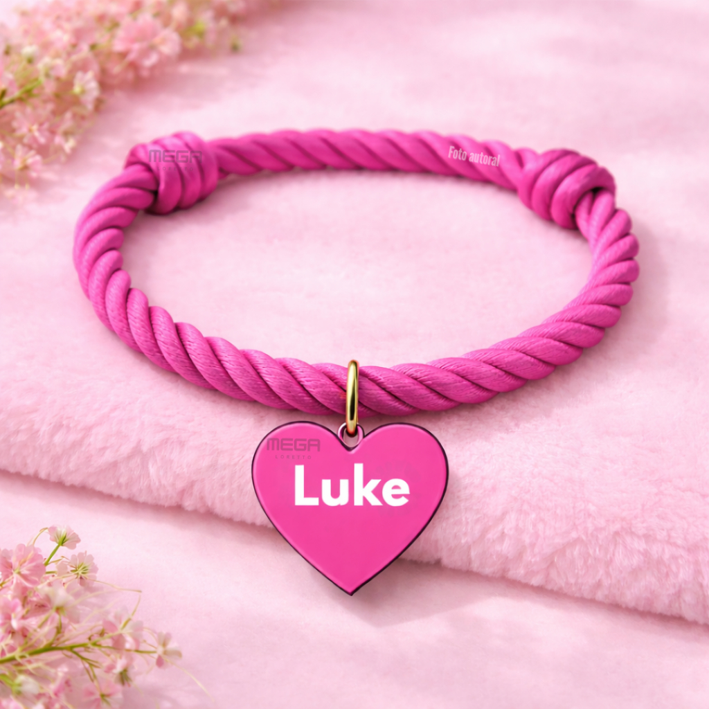 Coleira com Pingente Coração rosa Personalizado de Cachorro ou gato J7