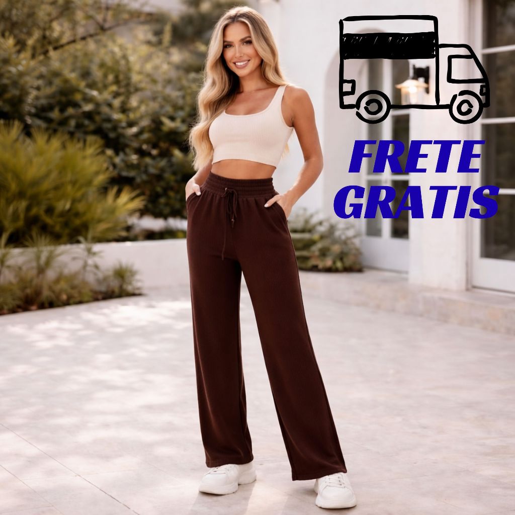 Calça Pantalona Feminina Cintura Alta Com Bolso elegante  confortável Tecido Duna envio rapido em Oferta na Shopee