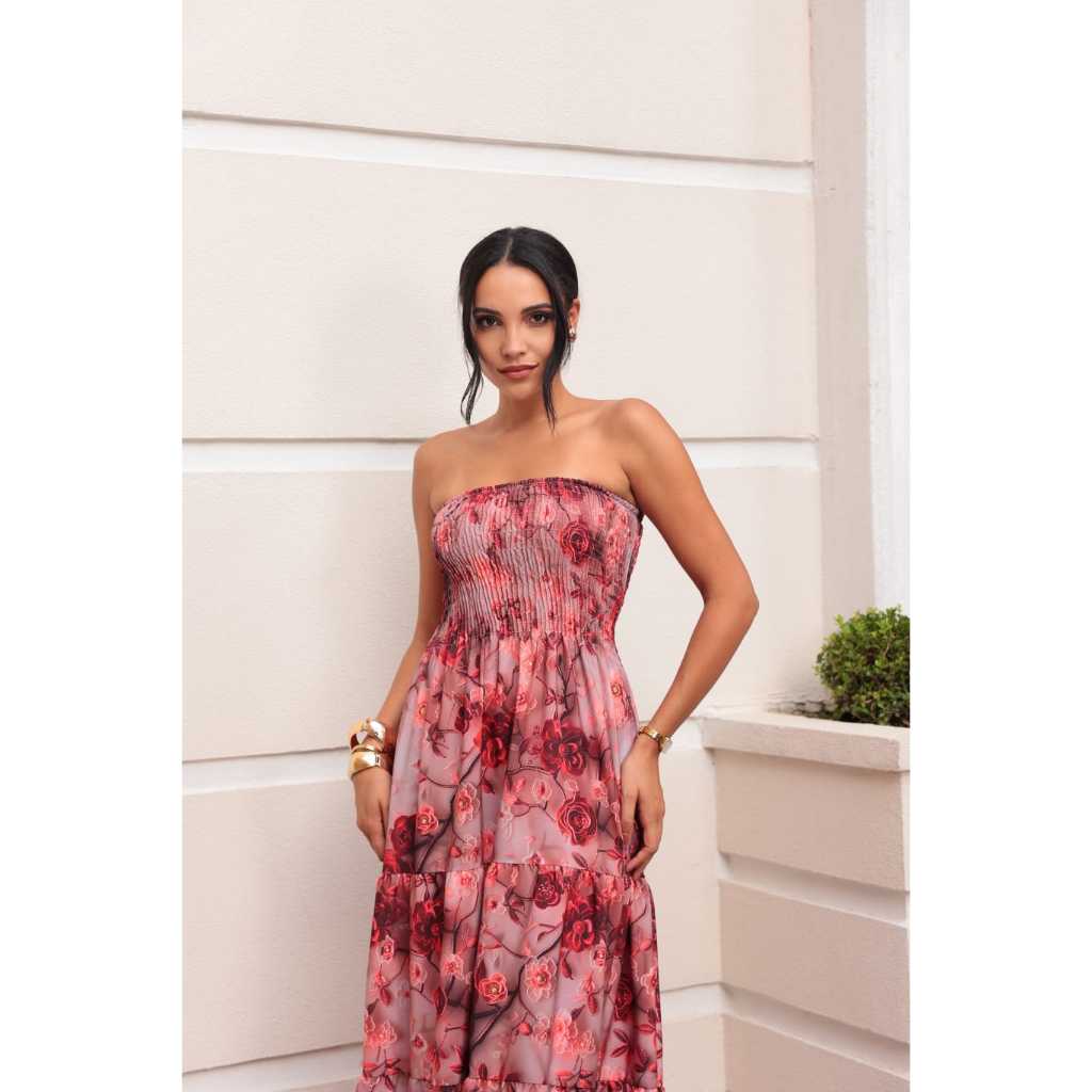 Vestido Longo Feminino Tomara que Caia 3D Elegante Estampa Floral Moda Verano Fiesta Casual