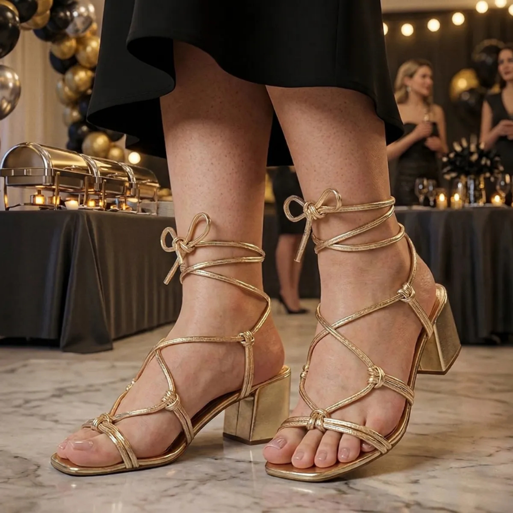 Sandália Feminina Salto Grosso Bloco Médio Amarração Lazzlu