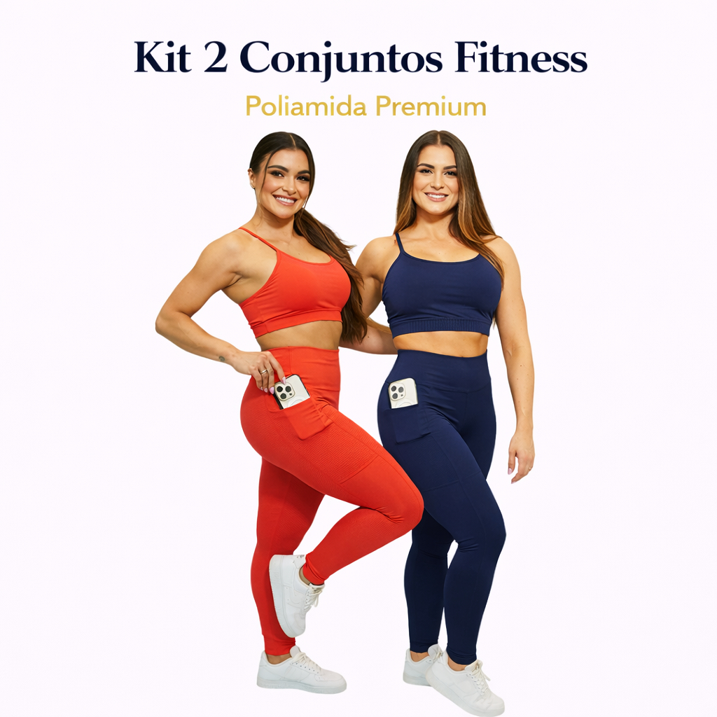 Kit 2 Conjuntos Calça Bolso Top com Alça Fitness Academia Feminino Proteção UV50+ Poliamida Premium