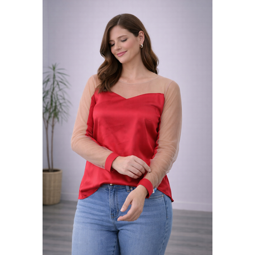 Blusa Feminina Vermelha Cetim Tule Transparência Sexy Manga Longa Festa Elegante