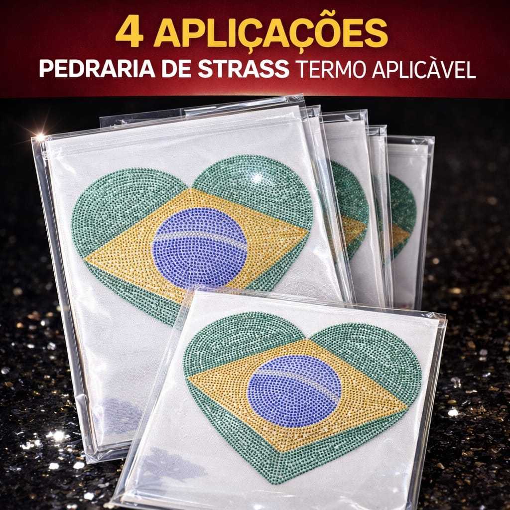 kit com 4 Aplique Coração Bandeira do Brasil Strass 15x12 cm Cartela 4 Unidades