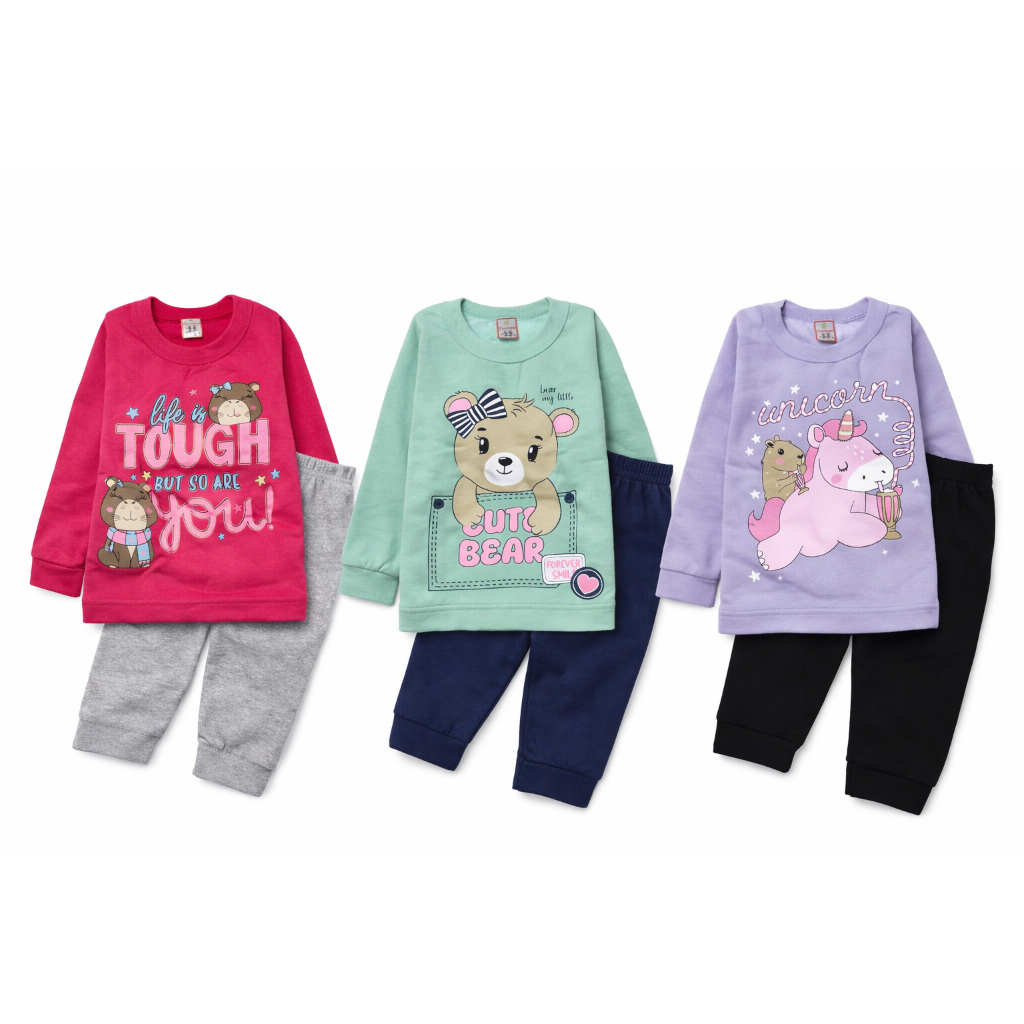 Conjunto Menina Inverno Flanelado Meia Malha Quentinho