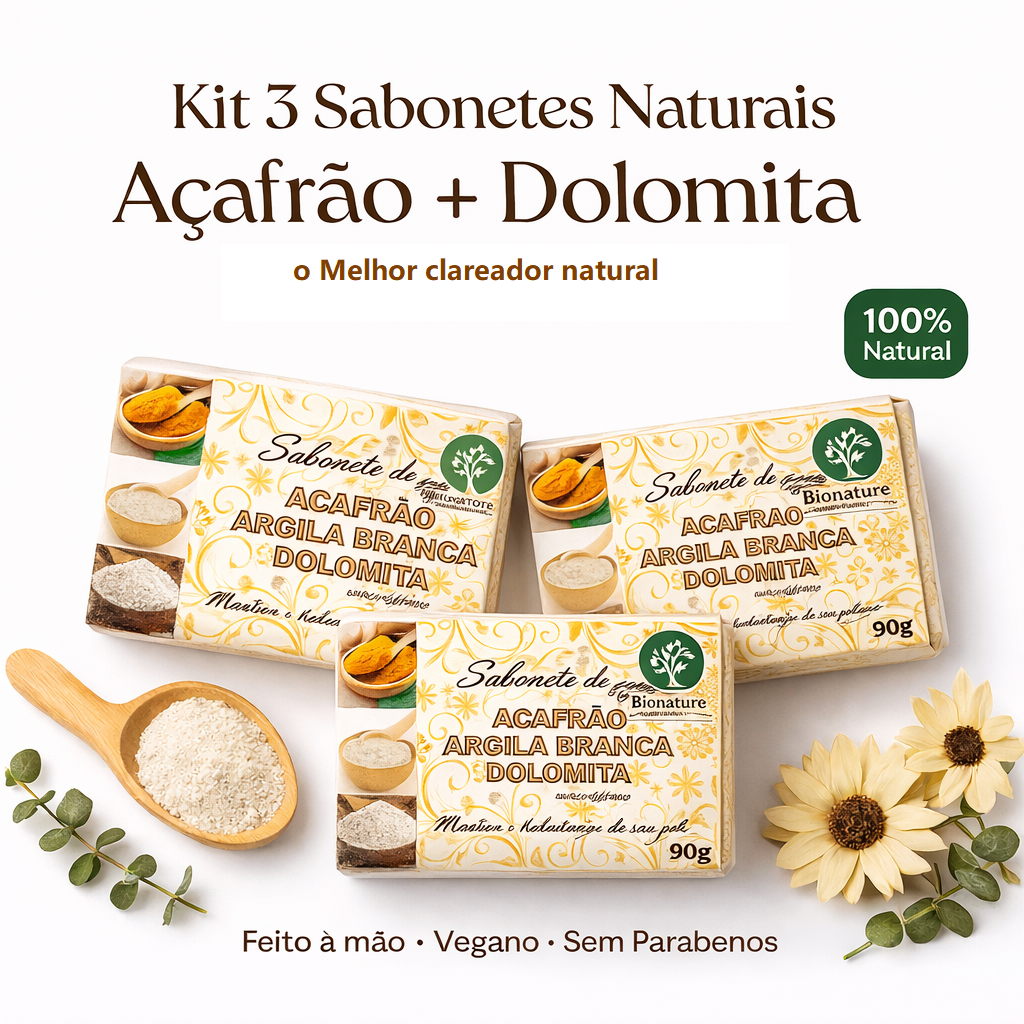 Kit 3 Sabonetes Naturais de Açafrão Dolomita 90g Vegano, Artesanal Sem Parabenos, 100% Natural em Oferta na Shopee