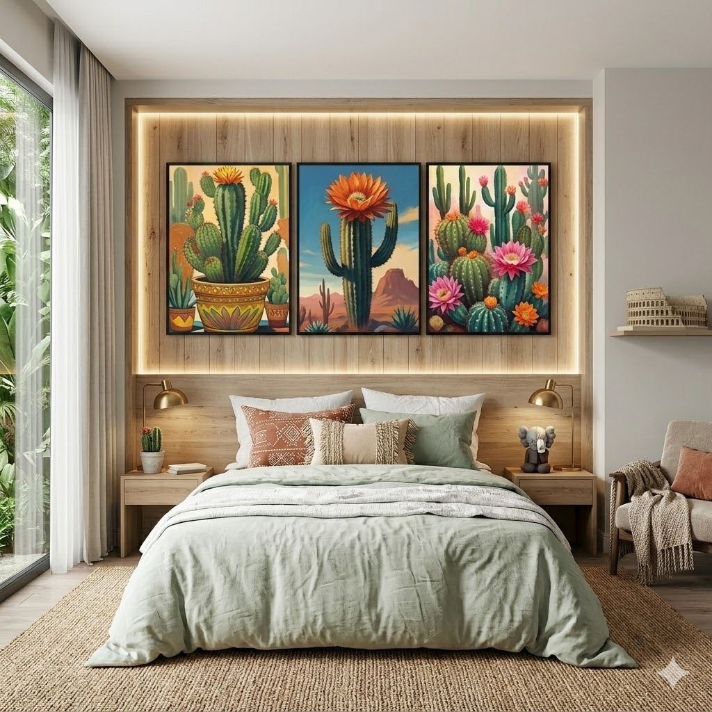 Kit 3 Peças Quadros Decorativo Jarro Vaso De Cactos Laranjas Cheios de Flores Colinas e Montanhas