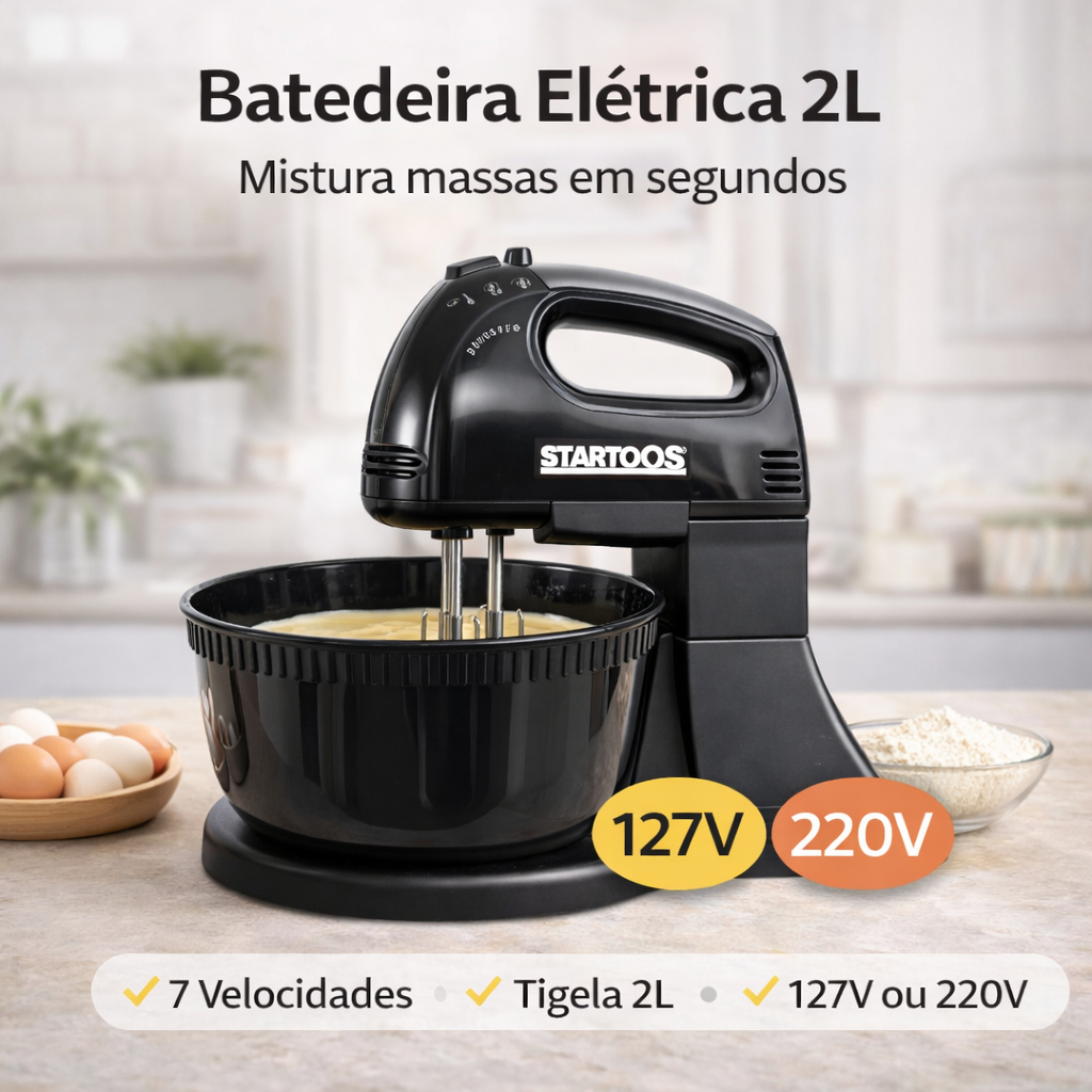 👉 Batedeira Elétrica 2L 7 Velocidades com Tigela Giratória 110V ou 220V Potente Compacta para Bolos e Massas