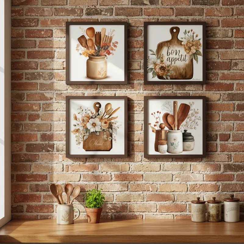 Kit 4 Quadros Decorativos Cozinha Panelinha E Flores Para Cantina Área Externa Hall De Entrada