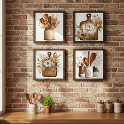 Kit 4 Quadros Decorativos Cozinha Panelinha E Flores Para Cantina Área Externa Hall De Entrada